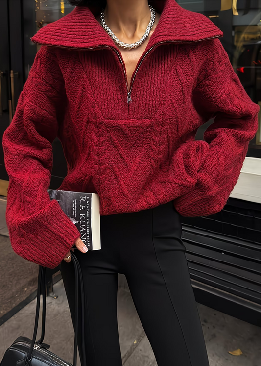 Johanna | Zopfstrick Pullover mit Zip-Kragen