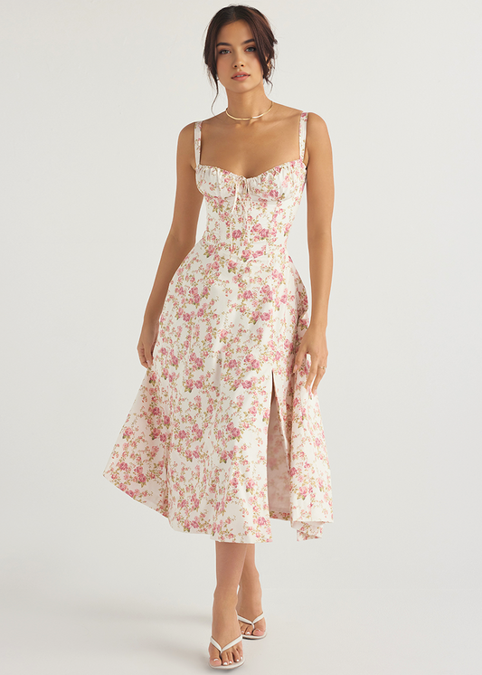 Ellie | Elegantes Blumen-Midi-Kleid mit Schlitz