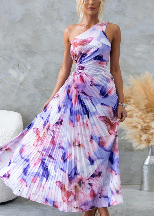 Stellara | Asymmetrisches Blumen Plissee Maxikleid