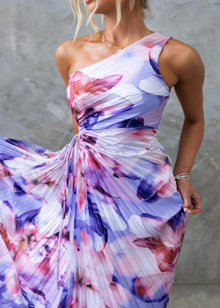 Stellara | Asymmetrisches Blumen Plissee Maxikleid