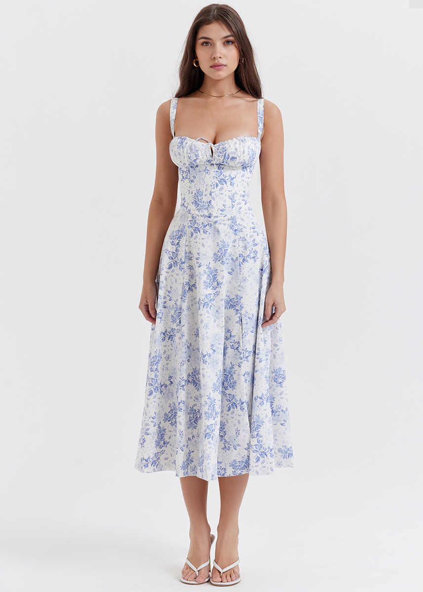 Ellie | Elegantes Blumen-Midi-Kleid mit Schlitz